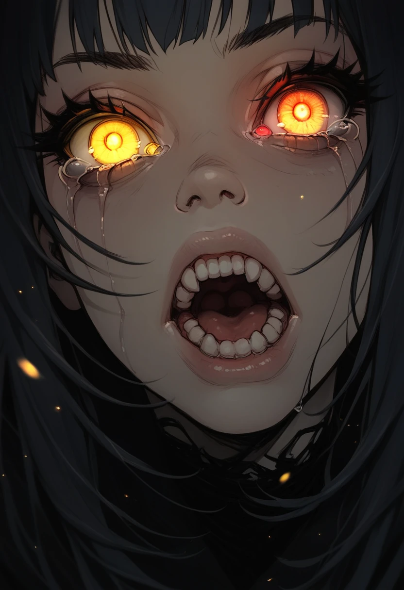 score_9, score_8_up, score_7_up, score_6_up,Madness,1girl,solo,looking at viewer,open mouth,bangs,yellow eyes,teeth,tears,eyelashes,glowing,heterochromia,portrait,light particles,close-up,eye focus
