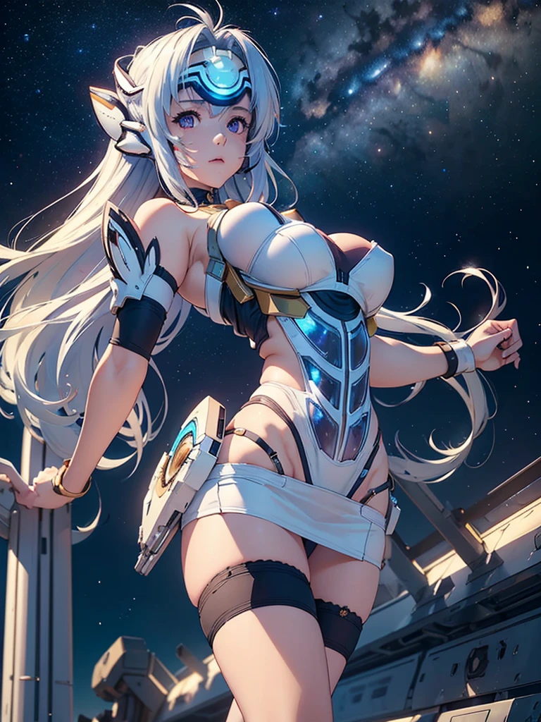 (masterpiece:1.3), (8K、photorealistic, Raw photo, best quality:1.4), (solo), one girl, (((kos-mos))), beautiful face, Beautiful face with perfect symmetry, cute face, (beautiful light blue long hair), With bangs, There is a visor on the forehead, beautiful purple eyes, perfect anatomy, (high detail skin: 1.2), natural breast, Beautiful thighs, Natural buttocks, white costume, mini skirt, costume with open chest, Clothes that look like 6 pack abs, Stars and planets can be seen in outer space, standing on the deck of a spaceship, perfect lighting, focus only, perfect anatomy,Front view,