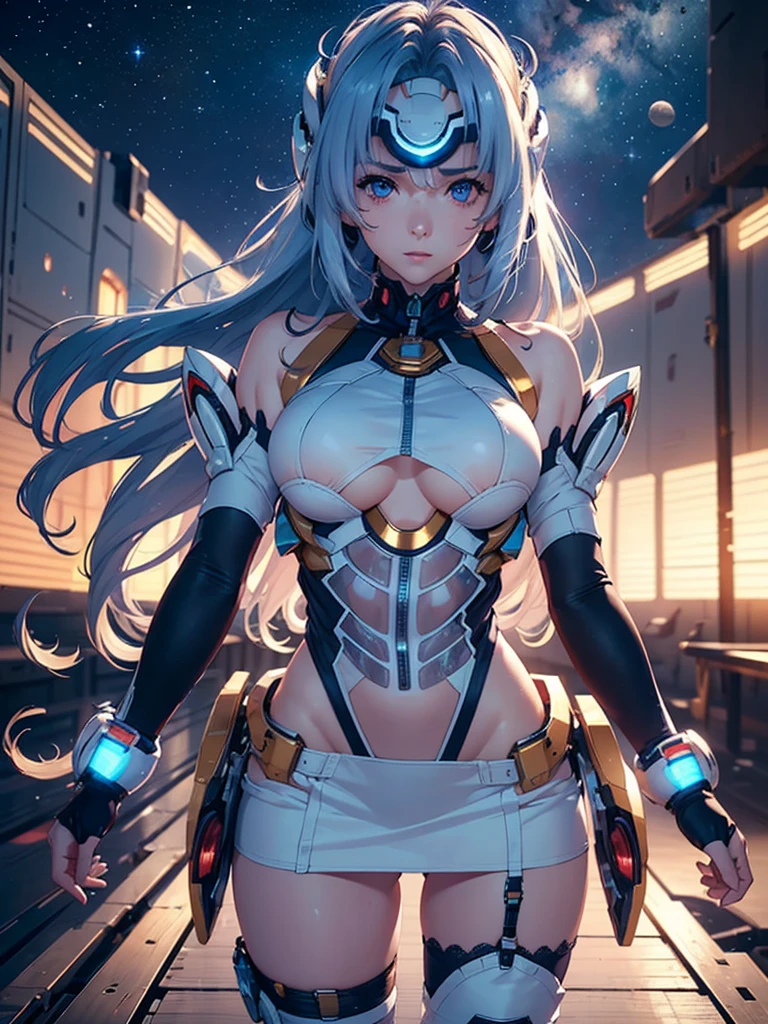 (masterpiece:1.3), (8K、photorealistic, Raw photo, best quality:1.4), (solo), one girl, (((kos-mos))), beautiful face, Beautiful face with perfect symmetry, cute face, (beautiful light blue long hair), With bangs, There is a visor on the forehead, beautiful purple eyes, perfect anatomy, (high detail skin: 1.2), natural breast, Beautiful thighs, Natural buttocks, white costume, mini skirt, costume with open chest, Clothes that look like 6 pack abs, Stars and planets can be seen in outer space, standing on the deck of a spaceship, perfect lighting, focus only, perfect anatomy,Front view,