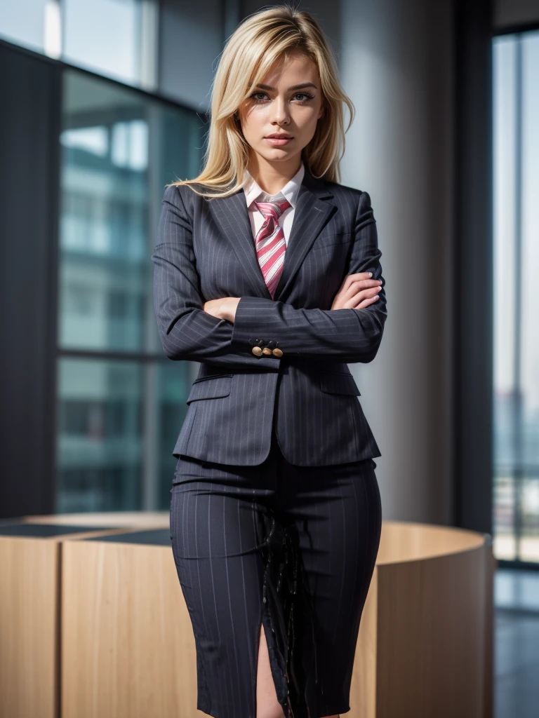 (masutepiece,High quality,16k:1.1),(depth of fields:1.3) ,((front body:1.35)), Ukrainian ,Woman, blonde,makeup,((business suit, black vertical striped pencil skirt )), voluptuous, thicc,(arms crossed:1.5) (wetting herself:1.5), (desperation:1.75),standing ,necktie peeing self, wetting her clothes