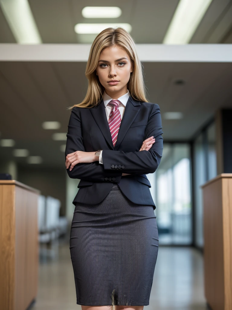 (masutepiece,High quality,16k:1.1),(depth of fields:1.3) ,((front body:1.35)), Ukrainian ,Woman, blonde,makeup,((business suit, black vertical striped pencil skirt )), voluptuous, thicc,(arms crossed:1.5) (wetting herself:1.5), (desperation:1.75),standing ,necktie peeing self, wetting her clothes
