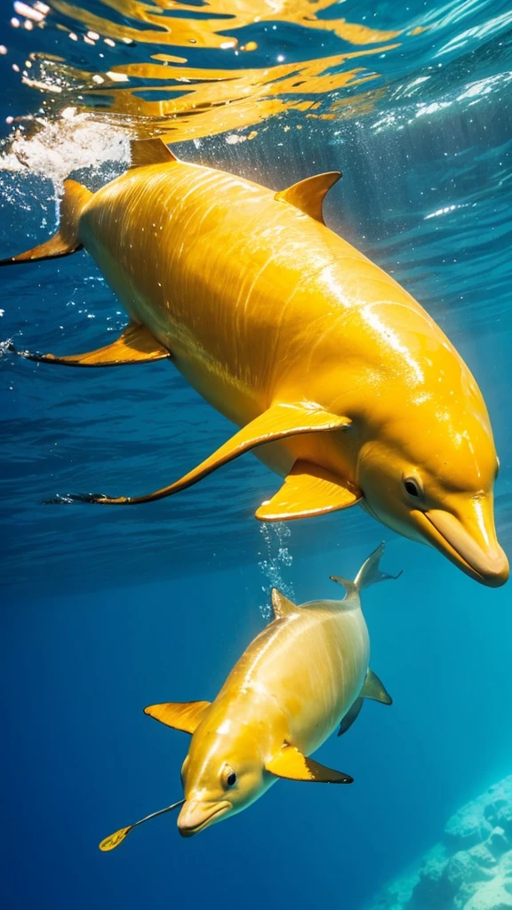 A golden dolphin swims gracefully at the bottom of a fantastic ocean