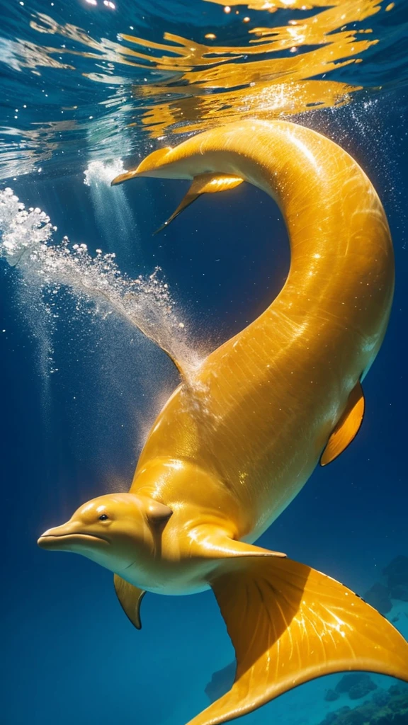 A golden dolphin swims gracefully at the bottom of a fantastic ocean
