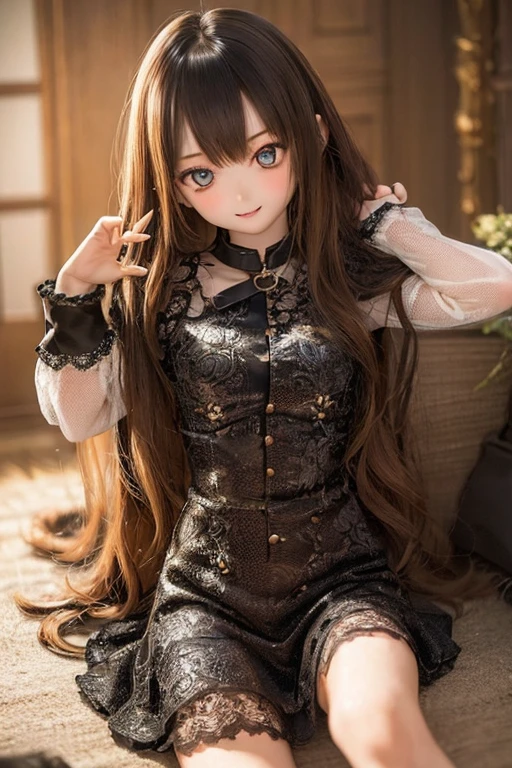 photorealistic, realistic photo, ((highest quality)), ((masterpiece)), extremely detailed, kukolnydom, doll, (woman, 20yo, 20 years old:1.6), solo, ((cowboy shot, dynamic pose)), (skinny, slender, slim, little smile, parted lips), green eyes, brown hair, (looking at another, medium hair, wavy hair, blank eyes, empty eyes, detailed eyes:1.3), dress, castle, 8k