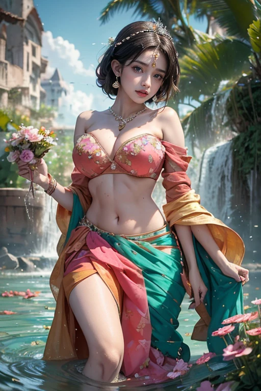 portrait,(NSFW 0.75) boy,woman, ((princess pose)) ,very very big breast, soft nylon sexy saree , orange , pink ,teal,red, yellow colour ,flower design modern light wedding saree, colorful, flower armor, good anatomy, best quality, (((masterpiece))), high quality, realist, best detailed, details, realist skin, skin detailed, underboobs, beautiful posing under a fairy tale of exotic magic,lehenga choli, girl immersed in water , soaked saree, meadows background , bokeh effect , chubby , nipple slip , put milk in breast,off shoulder, strapless blouse, different saree wearing style,(multi chain jewellery blouse),(wearing jewellery on blouse)(buttocks and looking back)(((girl have pot on hip)))((saree fly on air))