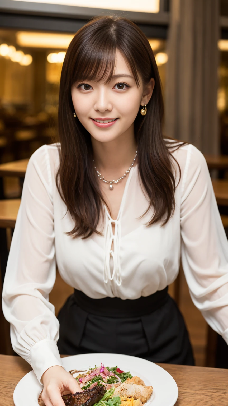 highest quality, masterpiece, 8K, ultra high resolution, (realistic: 1.4), beautiful face, symmetrical eyes, Japanese, brown hair, smile, wearing makeup, high-definition images, atmospheric perspective, super detail, accurate, best quality, (angle from under the table), a Japanese lady, drooping eyes, sleepy face, blush, in the city, busy, skyscrapers, skirt, high heels, necklace, white blouse , restaurant with large windows, takes a seat, (other customers), night scene, windows have harbor view, foods,