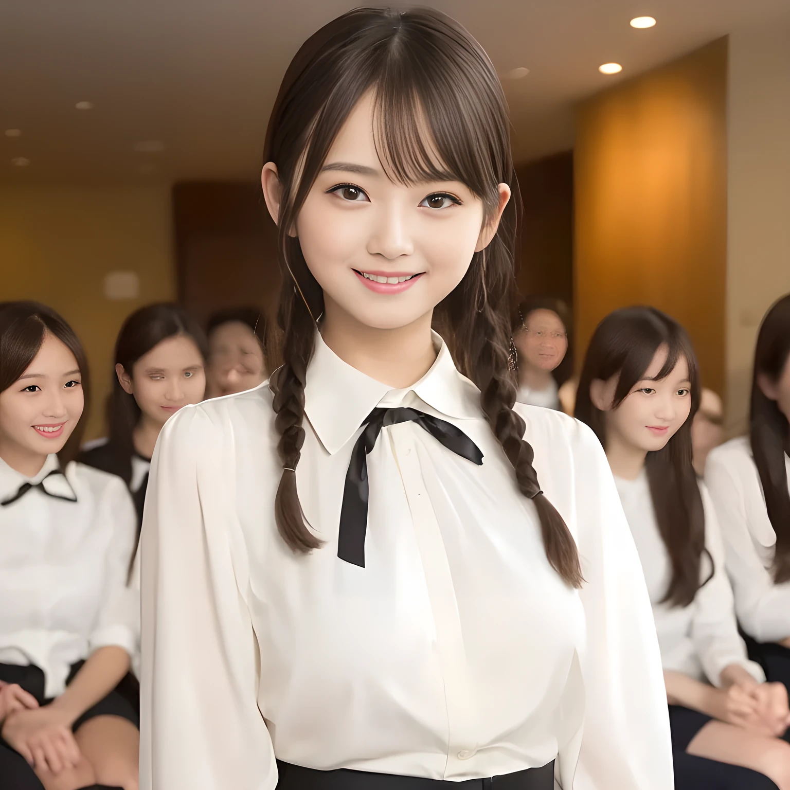 (highest quality, masterpiece:1.2), highest quality, High resolution, 1080P, 8K, Height: 158cm, ((A very intelligent, very noble, pretty and neat Japanese beautiful girl fashion model. ************. Looking at the audience. Realistic fashion model)), ((((White face with plump cheeks)))), Glossy lips, (Evenly cut bangs), ((Very beautiful dark eyes)), The very large, shiny, wide red ribbon bow-tie on her chest is very cute., ((Black Hair)), ((long twin braids)), (((Cream colored blouse))), A neat uniform, Very lustrous, glossy lips, Open hand over open mouth, Beautiful hair like a hair model, Cream colored long skirt, Watching the viewer and laughing, ((Incredibly well organized, The expression is rich. plump and beautiful skin and face)), ((Pure and clear eyes)), Long eyelashes, ((laughing at me!)), A ruffled blouse will highlight the shadows., Glossy Lips, Advertisement of Japanese girl's school fashion