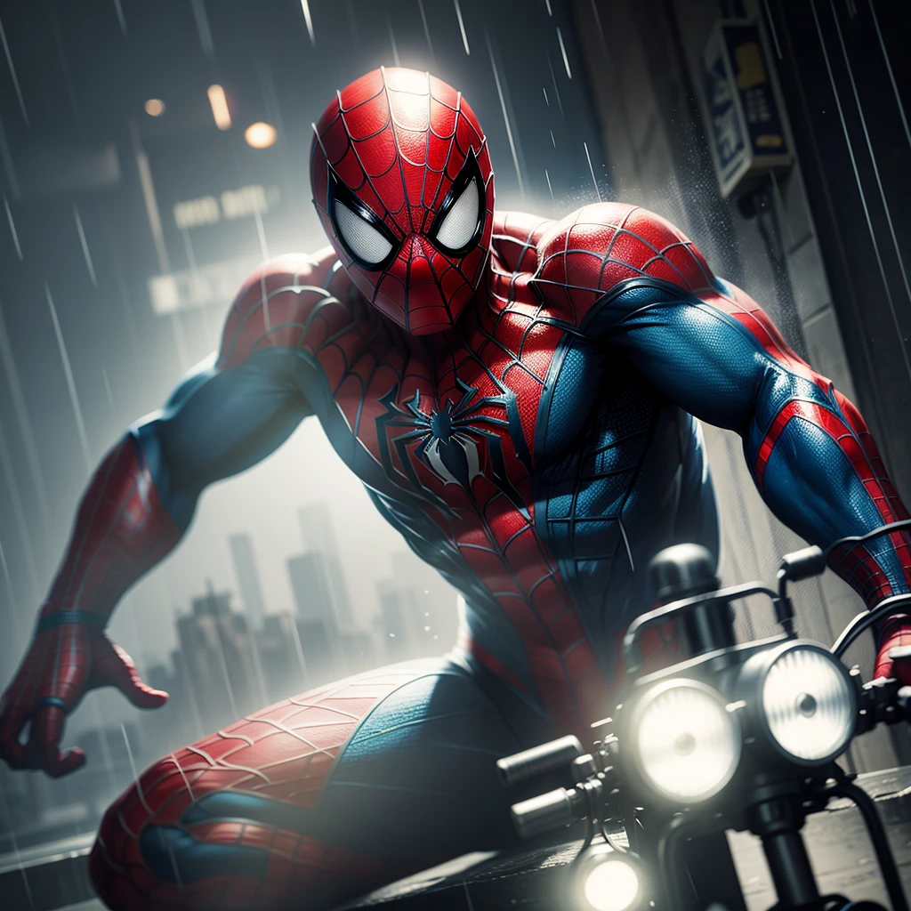 Make a cool spiderman scene, in rain, dark night, cyan and red light