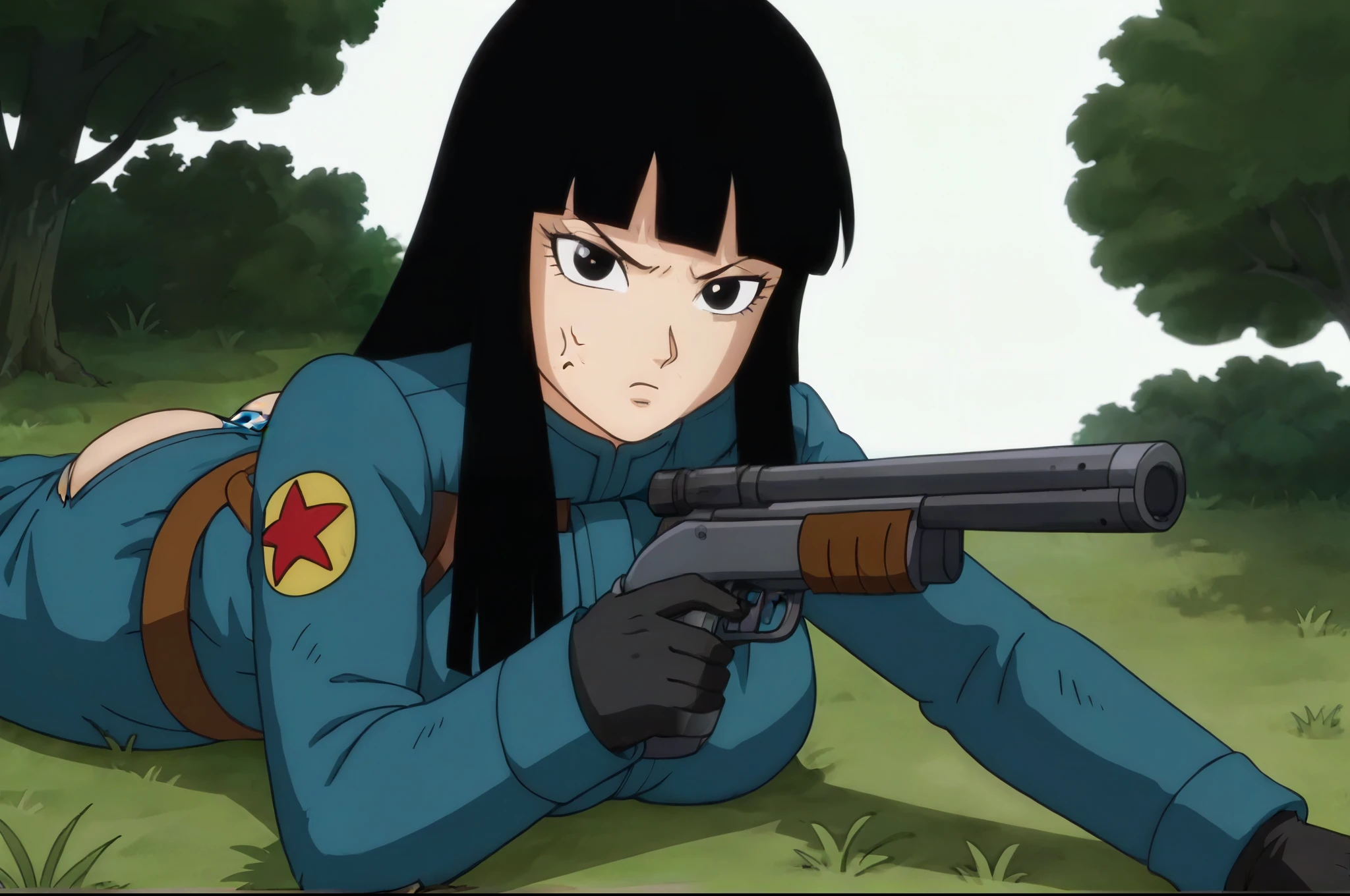 source_anime, score_9,score_8_up, score_7_up, anime screencap,
solo, 1girl, big butt, big breasts, thick thighs, wide hips, huge booty, pants halfway down showing big butt, torn pants, white blue striped panties,
mai, long hair, black hair, black eyes, coat, military, military uniform, pouch, black gloves, uniform, yellow pants, angry, aiming at viewer, lying on stomach, forest, tree, grass, gun focus,
