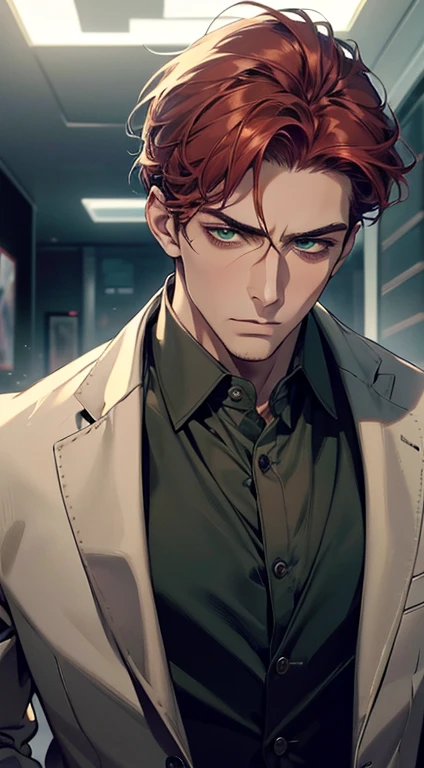 (best quality, masterpiece, 8K, photorealistic, cinematic lighting, 1:4 hdr image, ultra detailed, beautiful image), a mature man, 34 years very handsome, ((cold expression)), short red hair, green eyes, face perfect without mistakes, ((buttoning his jacket, CEO))