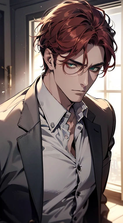 (best quality, masterpiece, 8K, photorealistic, cinematic lighting, 1:4 hdr image, ultra detailed, beautiful image), a mature man, 34 years very handsome, ((cold expression)), short red hair, green eyes, face perfect without mistakes, ((buttoning his jacket, CEO))