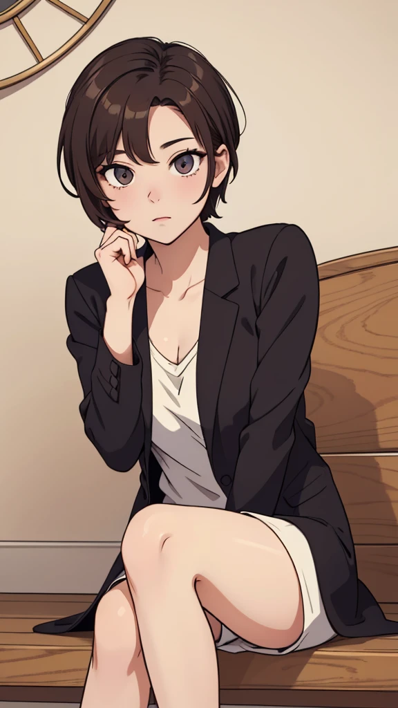 (((masterpiece, best quality, ultra highres, 1 girl, solo, no background))), super detailed skin and face and eyes and finger, beautiful japanese woman, small breasts:1.5, skinny, light brown hair, white background, very short pixie hair, (an illustration of girl), Knee shot, Generate with illustrations, Various expressions, Various poses, Please draw the entire character within the frame, ensuring that the head, arms, and legs are not cut off. The background should be simple, with the character positioned centrally, outline, anime, 