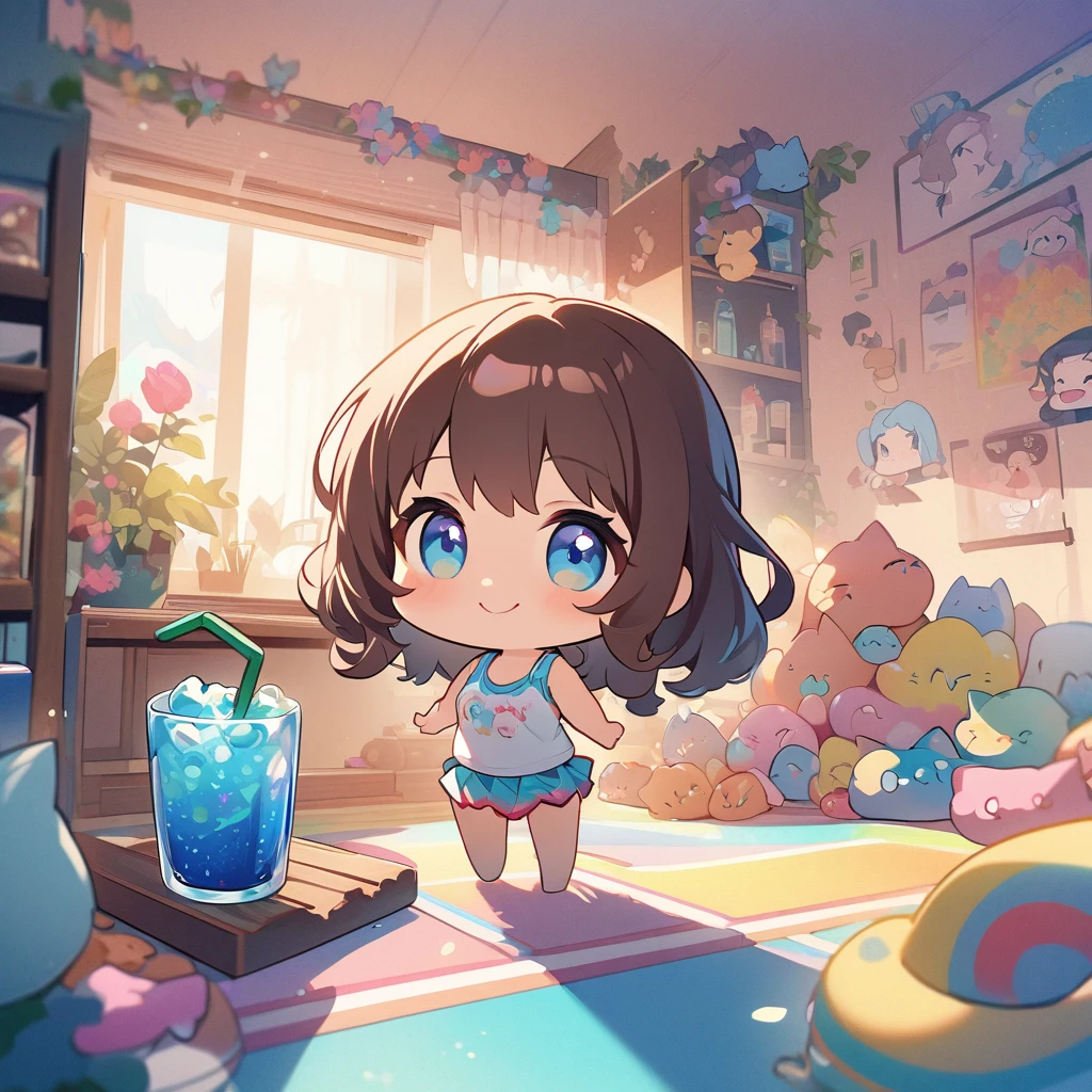 masterpiece、Highest quality、Depth of subject、2D illustration、1 beautiful girl、独奏, (((chibi style)))、Long, beautiful hair、shiny brown hair、cute、Beautifully detailed eyes、((Tank top))、a glass of blue soda, ((colorful))、mini skirt、((happy smile))、((kitten cluster)), ((full body shot))、((in the room))、((There's a lot of pink around))、Thighs、((vivid color))、sparkle、((Lens flare))、
