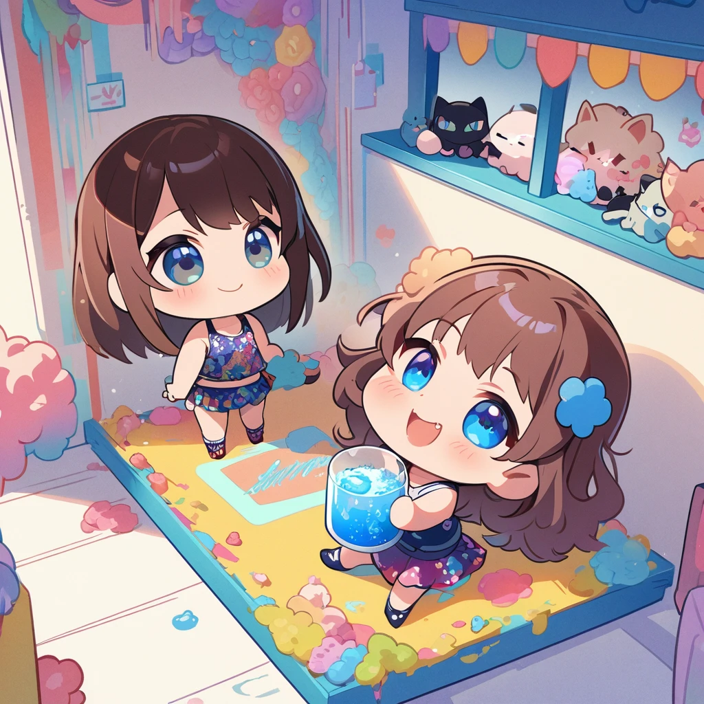 masterpiece、Highest quality、Depth of subject、２D illustration、1 beautiful girl、独奏, (((chibi style)))、Long, beautiful hair、shiny brown hair、cute、Beautifully detailed eyes、((Tank top))、a glass of blue soda, ((colorful))、mini skirt、((happy smile))、((kitten cluster)), ((full body shot))、((in the room))、((There&#39;s a lot of pink around))、Thighs、((vivid color))、sparkle、((Lens flare))、