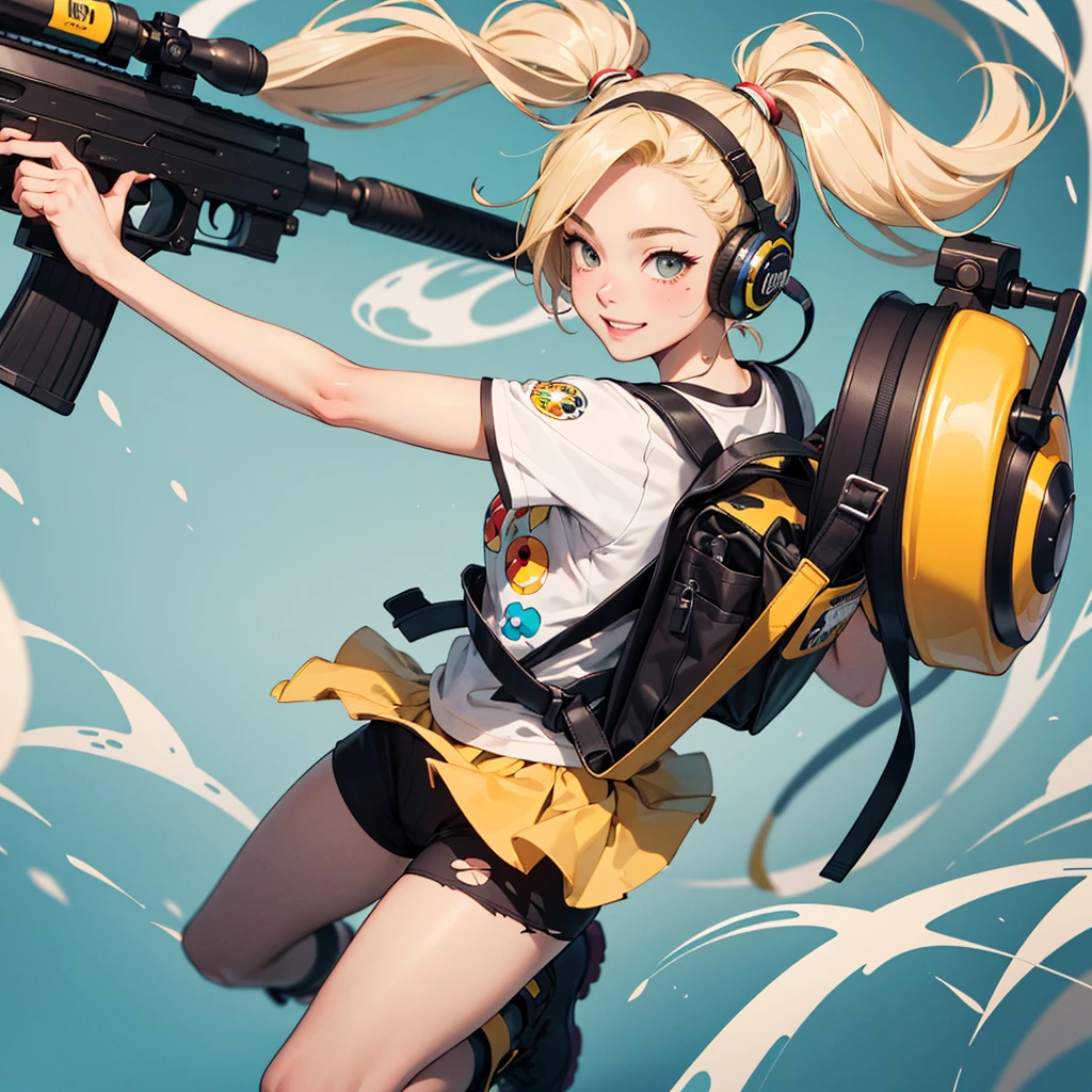 (Absurd, High resolution, Super detailed), masterpiece,Bold hair flow、 Highest quality,colorful,Yoneyama dance style,Variegated colors,Blonde hair boy,(Action pose:1.0, Professional camera work:1.0, bowで狙う:1.0), Very detailed, Blonde Boy, smile, (Automatic rifle:1.0, Headphones on neck:1.0,bow:1.0, Torn T-shirt:1.0, Backpack:1.0, boots:1.0), Yellow color scheme, colorful,Harajuku clothing,Takashi Murakami style,colorfulな配色,Vivid Color、Mika Pikazostyle