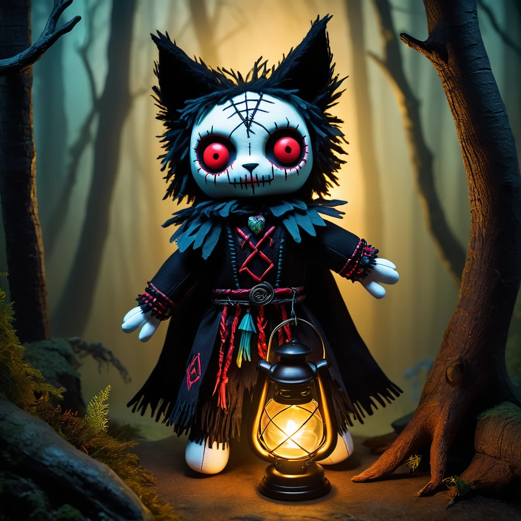 (knitted toy voodoo doll:1.8), (Voodoo Wolf:1.2), (Guide of Shadows:1.3), (Clothing: shadowy fur cloak with runic patterns:1.0), (Accessories: enchanted lantern emitting dim light, levitating spectral wolves:1.1), (background: misty forest with floating shadows, glowing runes, and spectral wolves:1.2), best quality, masterpiece, detailed soft oil painting, detailed background, dramatic cinematic lighting, soft edge lighting, professional, dramatic lighting, hard edge lighting, ultra quality, 4k,masterpiece, best quality, 8k, ultra highres, highres, extremely detailed