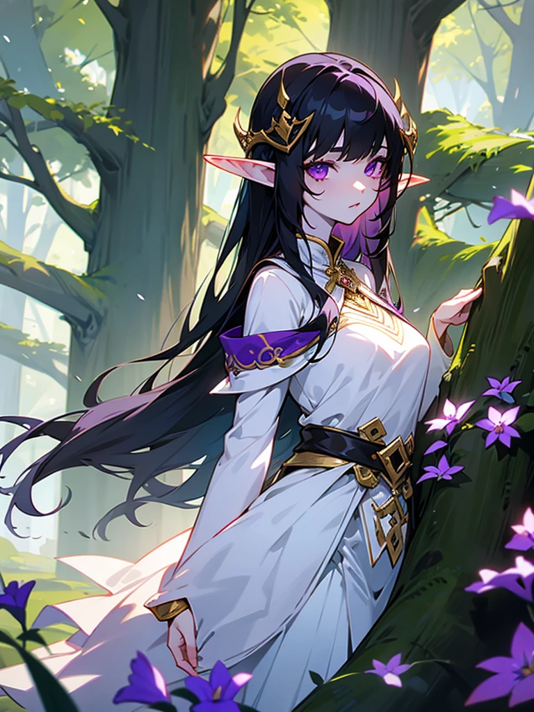 young woman, elf, druid, black hair,  purple eyes, White skin ,  cute