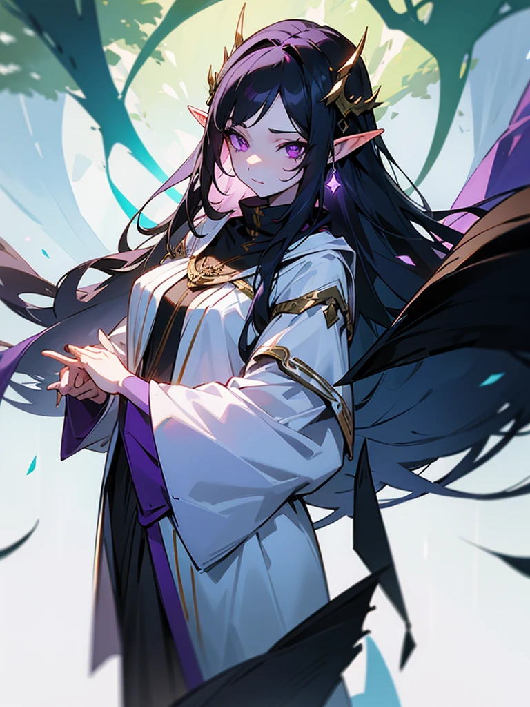 young woman, elf, druid, black hair, purple eyes, White skin , cute