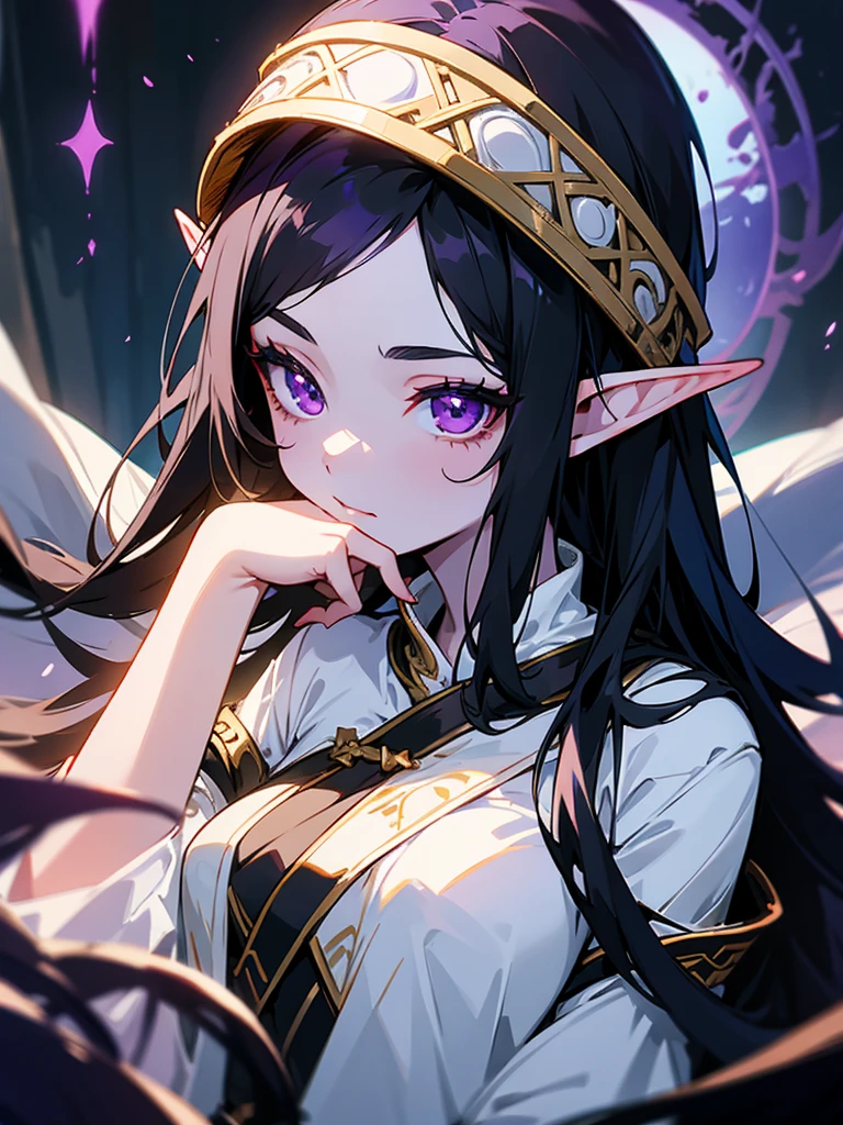 young woman, elf, druid, black hair, purple eyes, White skin , cute