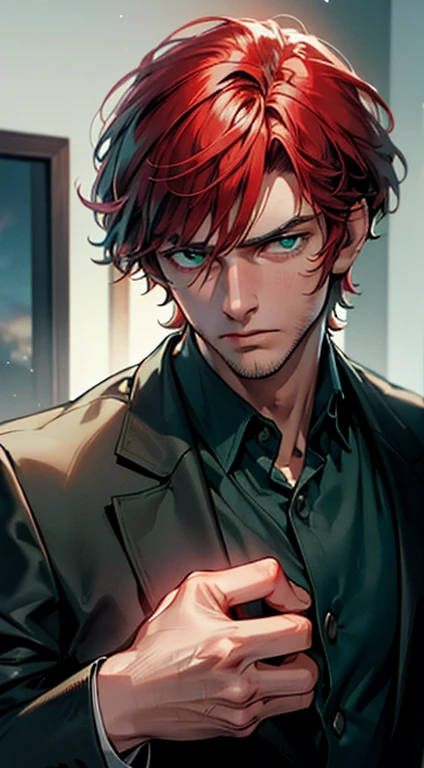 (best quality, masterpiece, 8K, photorealistic, cinematic lighting, 1:4 hdr image, ultra detailed, beautiful image), a mature man, 34 years very handsome, ((cold expression)), short red hair, green eyes, face perfect without mistakes, ((buttoning his jacket, CEO))
