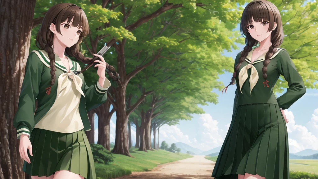 masterpiece, Highest quality, High resolution, aayoshino, , Long Hair, Twin Blade, Brown eyes, Hair that falls over the shoulders, , Sailor collar, neckerchief, Green Shirt, One piece sailor shirt, Long sleeve, Green Skirt, Long skirt, Are standing, Cowboy Shot, Outdoor, figure:Right from center
