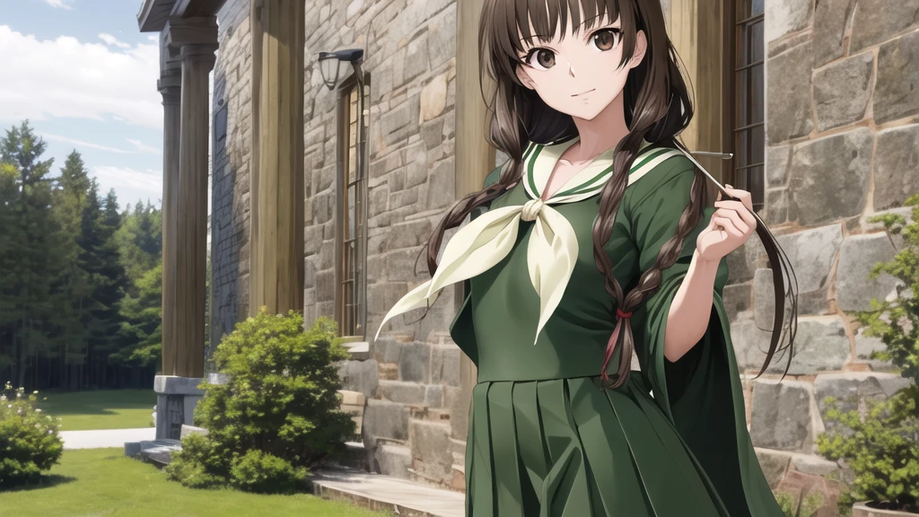 masterpiece, Highest quality, High resolution, aayoshino, , Long Hair, Twin Blade, Brown eyes, Hair that falls over the shoulders, , Sailor collar, neckerchief, Green Shirt, One piece sailor shirt, Long sleeve, Green Skirt, Long skirt, Are standing, Cowboy Shot, Outdoor, figure:Right from center
