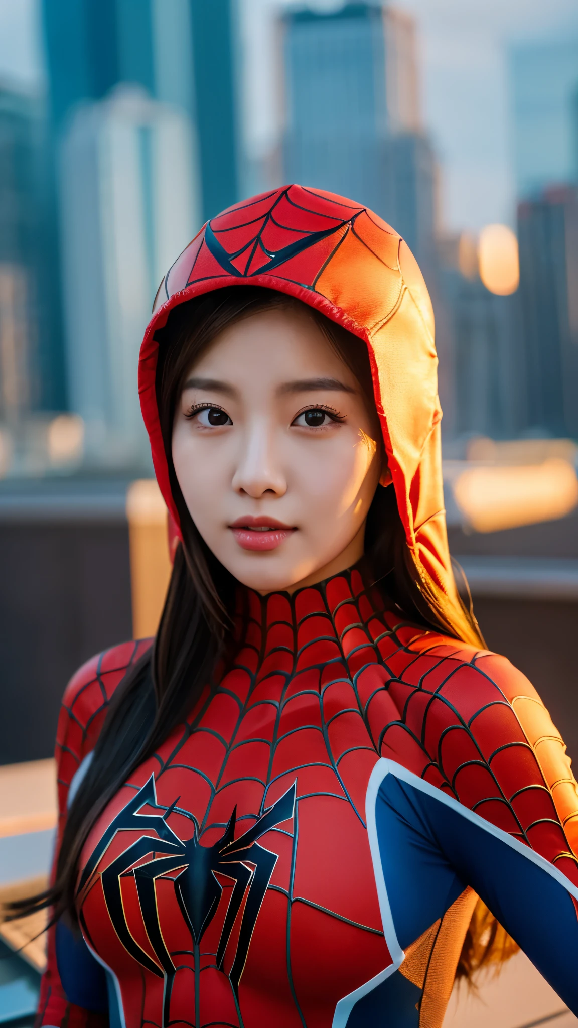 close-up of beautiful korean female, 34 inch breasts size, wearing Spiderman costume, without mask, on the rooftop, sunset light, UHD