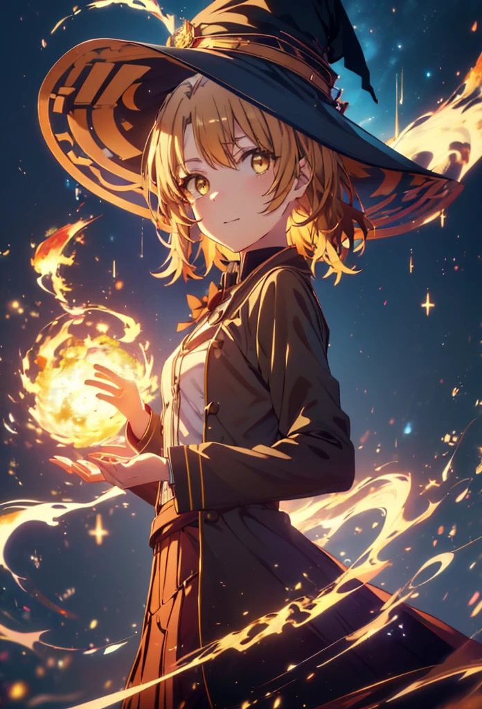 Irohaisshiki, isshiki iroha, short hair, Brown Hair, (Brown eyes:1.5), smile,((Night Sky)),火のwitch,Fluffy hair,((Idol style costume with soft volume)),Long skirt,((gorgeous wizard hat)),((witch)),Explosive Flame,
break outdoors, forest,forest
break looking at viewer,Upper Body,
break (masterpiece:1.2), Highest quality, High resolution, unity 8k wallpaper, (shape:0.8), (Narrow and beautiful eyes:1.6), Highly detailed face, Perfect lighting, Highly detailed CG, (Perfect hands, Perfect Anatomy),