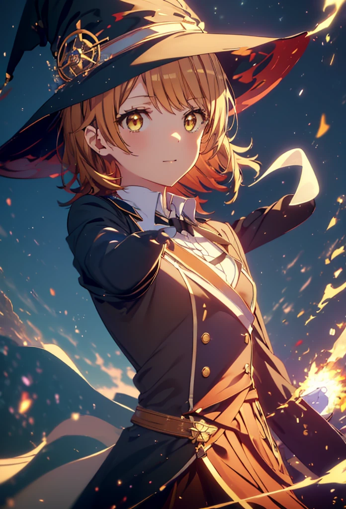 Irohaisshiki, isshiki iroha, short hair, Brown Hair, (Brown eyes:1.5), smile,((Night Sky)),火のwitch,Fluffy hair,((Idol style costume with soft volume)),Long skirt,((gorgeous wizard hat)),((witch)),Explosive Flame,
break outdoors, forest,forest
break looking at viewer,Upper Body,
break (masterpiece:1.2), Highest quality, High resolution, unity 8k wallpaper, (shape:0.8), (Narrow and beautiful eyes:1.6), Highly detailed face, Perfect lighting, Highly detailed CG, (Perfect hands, Perfect Anatomy),