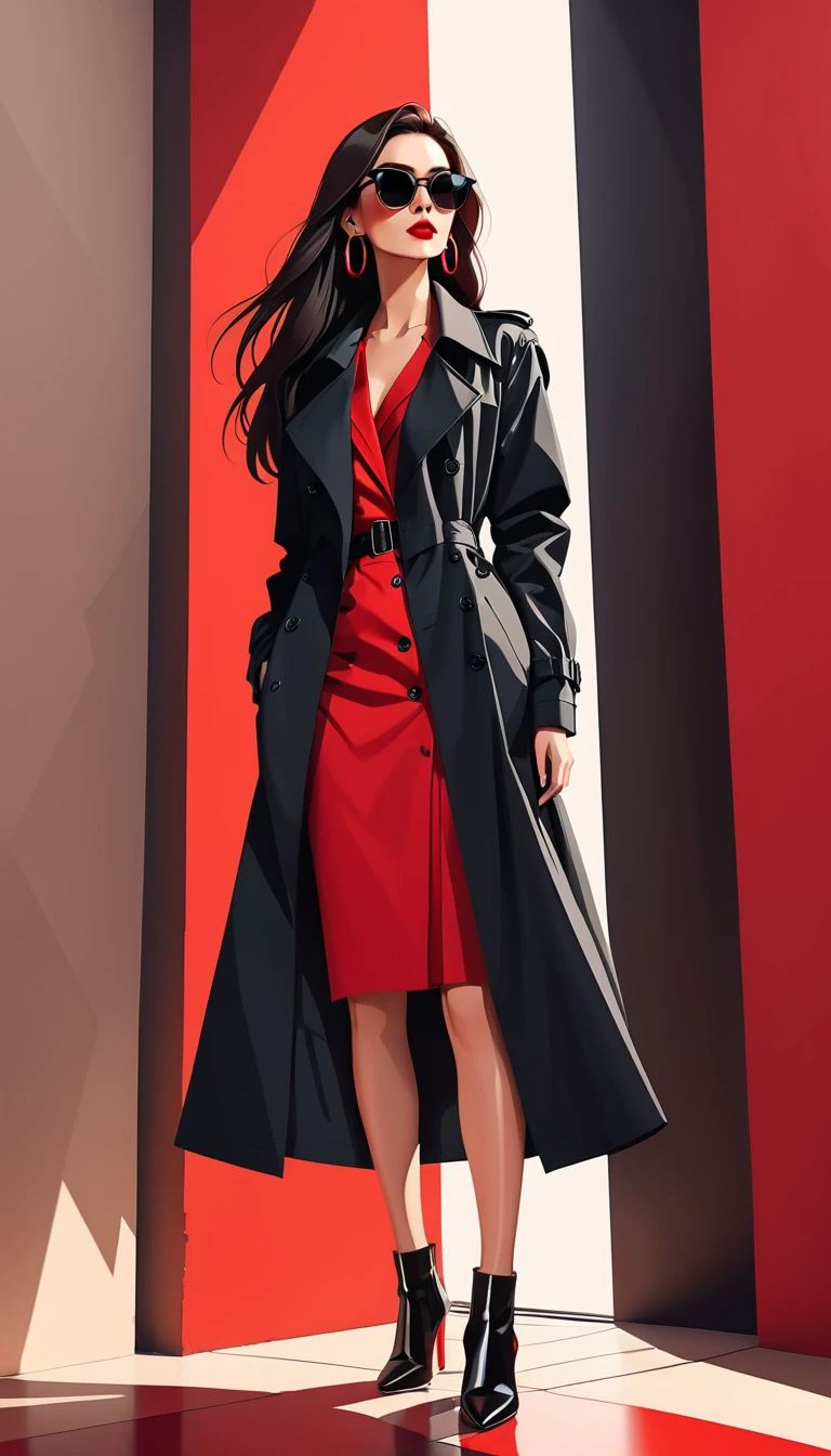 Simple vector illustration，Beautiful girl standing against the wall，Unique，confidence，Long straight hair，sunglasses，Exaggerated earrings，Unique，Staring at the audience），（Black deep V trench coat：1.37，Red bottoming skirt）。Looking from the bottom up，Geometric Light and Shadow，Clean and simple red background