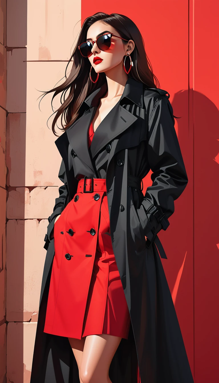 Simple vector illustration，Beautiful girl standing against the wall，Unique，confidence，Long straight hair，sunglasses，Exaggerated earrings，Unique，Staring at the audience），（Black deep V trench coat：1.37，Red bottoming skirt）。Looking from the bottom up，Geometric Light and Shadow，Clean and simple red background