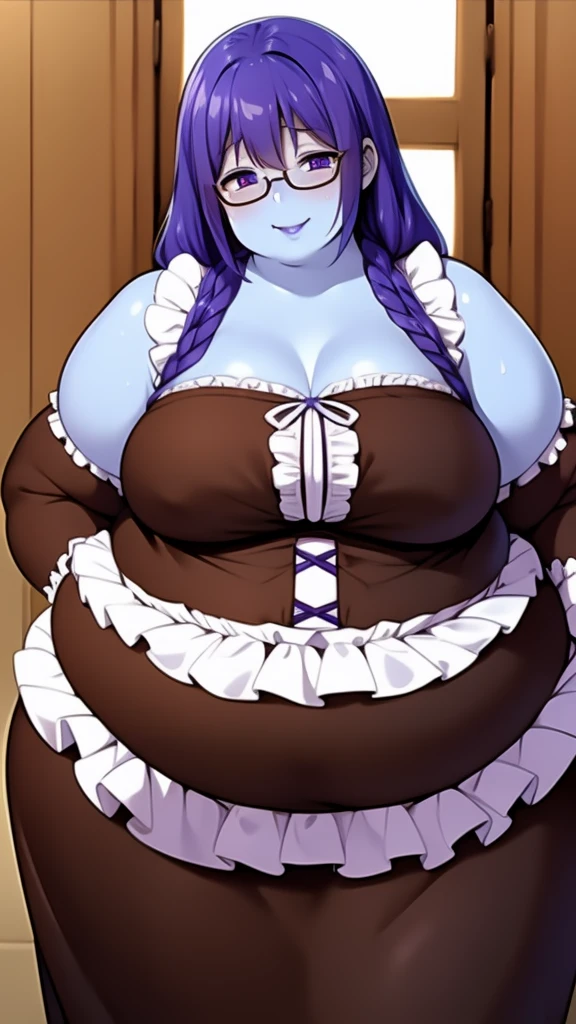 Anime Women, Lady、amount、Long braids down to the waist、Purple Hair、Glasses、Sharp eyes、Purple lips、Cobalt blue body、Cobalt blue skin、Are fat、Chubby、Sensual、obesity、Double chin、Fatty neck、Big Breasts、Saggy breasts、Thick upper arms、Thick arms、thick fingers、Fat belly、Flabby belly、Thick legs、Big Ass、Brown clothes、Brown ta Fashion、ribbon、Frills、Sweaty、Embarrassing、Model standing
