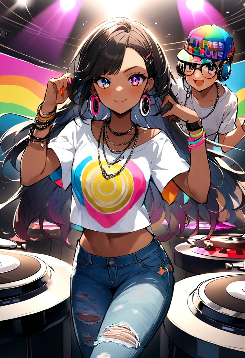 Colorful colors Jumping happily gender: Female Age: 18~25 years old Clothes: Dressed like a DJ (T-Shirts、jeans、Caps etc.) Hairstyle: Free Hair Color: Eye color: Freedom Skin Color: Freedom Accessories: necklace、Earrings、bracelets, etc. (option) headphone: プロ仕様のheadphone 持ち物: DJ Mixer、Turntable (option) Pause: Concentrating on the music Facial expression: Serious expression、smile、またはcoolな表情 背景: club、live house、Studio lighting: Dim lighting、Spotlights etc. Atmosphere: Energetic、cool、stylish