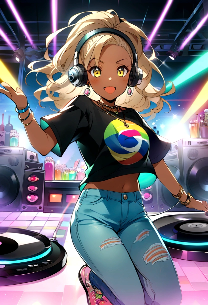 Colorful colors Jumping happily gender: Female Age: 18~25 years old Clothes: Dressed like a DJ (T-Shirts、jeans、Caps etc.) Hairstyle: Free Hair Color: Eye color: Freedom Skin Color: Freedom Accessories: necklace、Earrings、bracelets, etc. (option) headphone: プロ仕様のheadphone 持ち物: DJ Mixer、Turntable (option) Pause: Concentrating on the music Facial expression: Serious expression、smile、またはcoolな表情 背景: club、live house、Studio lighting: Dim lighting、Spotlights etc. Atmosphere: Energetic、cool、stylish