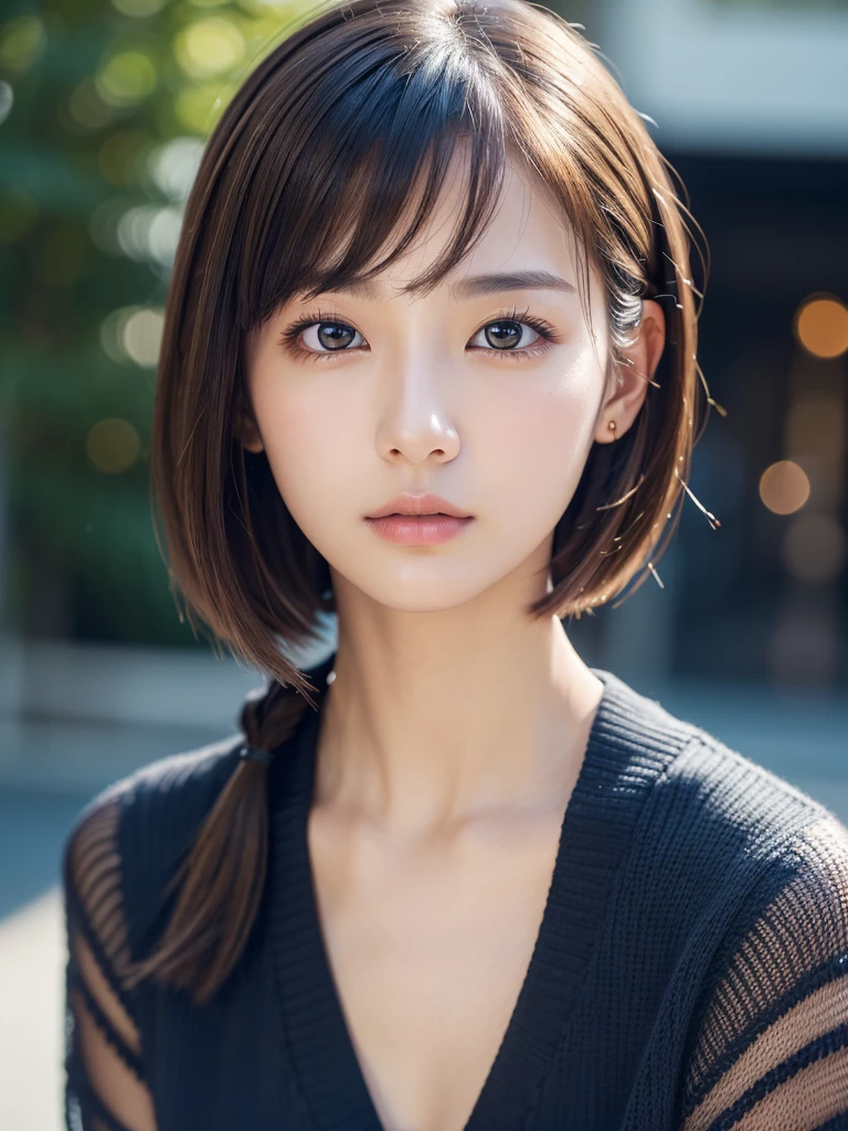 (masterpiece:1.3), (8K, Photorealistic, Raw photo, Best image quality: 1.4), 20-year-old girl、(Random Hairstyles:1.2)、Super detailed face、Attention to detail、double eyelid、Sharp focus:1.2、Beautiful woman:1.4、Light brown hair、Highest quality、masterpiece、超A high resolution、(Photorealistic:1.4)、Highly detailed and professional lighting、Wear a blouse and a navy knit cardigan、thin、Serious expression、Short-haired、Clear Skin、Random pose、Shiny Hair、Sculpture model pose、、Black background、Close-up of face