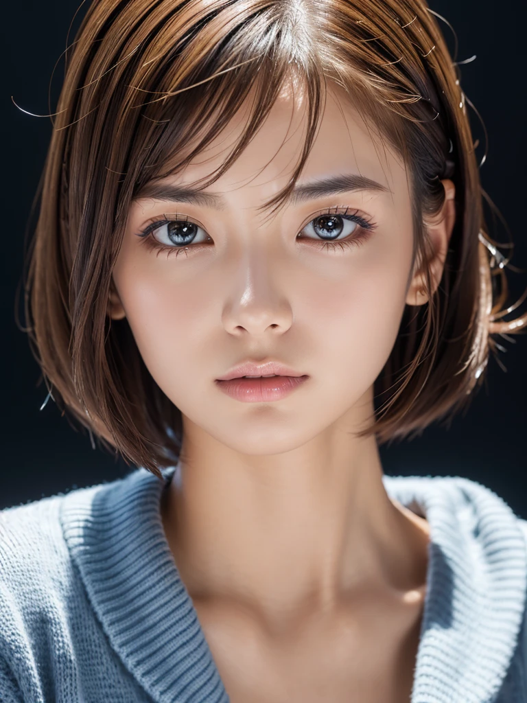 (masterpiece:1.3), (8K, Photorealistic, Raw photo, Best image quality: 1.4), 20-year-old girl、(Random Hairstyles:1.2)、Super detailed face、Attention to detail、double eyelid、Sharp focus:1.2、Beautiful woman:1.4、Light brown hair、Highest quality、masterpiece、超A high resolution、(Photorealistic:1.4)、Highly detailed and professional lighting、Wear a blouse and a navy knit cardigan、thin、Serious expression、Short-haired、Clear Skin、Random pose、Shiny Hair、Sculpture model pose、、Black background、Close-up of face