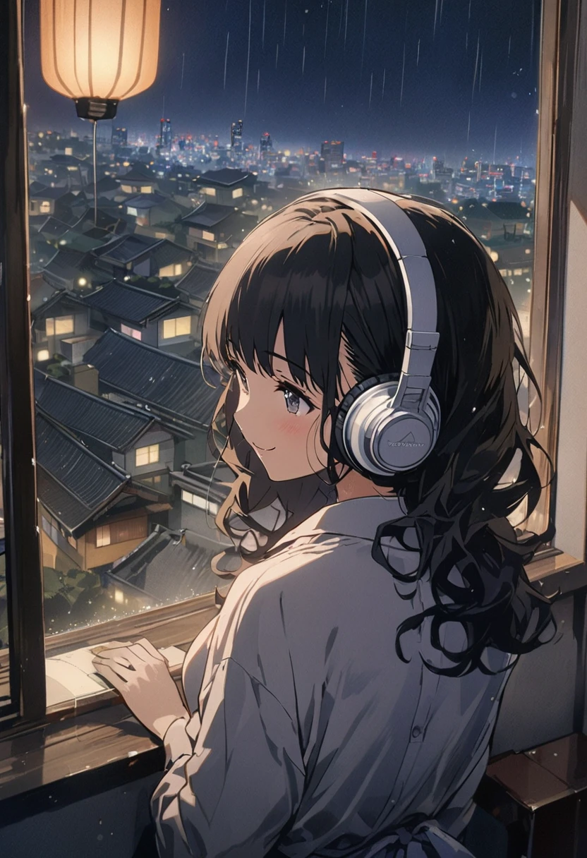 masterpiece, Highest quality, smile Dress shirt Create a scene of a 25-year-old woman looking out a window, Listening to music through headphones, Quiet and relaxing environment, Short black hair, Rear view, Gazing at the Horizon, At night, and through the window you can see fireflies and a beautiful landscape full of stars At night, Characters with detailed faces, hands and hair,Illustration Style、Showa Anime、ukiyo-e、((girl))、Tokyo、Soft Touch、((Modern))、winter、High resolution, samba, Latina,Rainy night,Tokyo