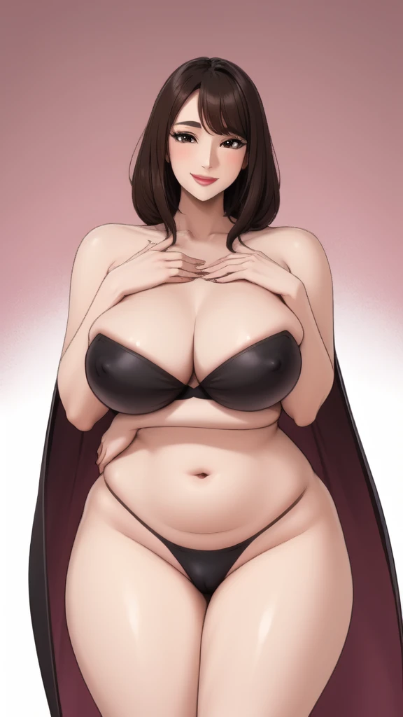 ((best quality)), ((masterpiece)), (detailed), (Realistic), (Vibrant), 1girl, mature female, milf, looking at viewer, plump breasts, cleavage, slightly chubby, hourglass figure, white background, black lace underwear, brown hair, long hair, skindentation, seductive smile, blushing, motherly, thick thighs