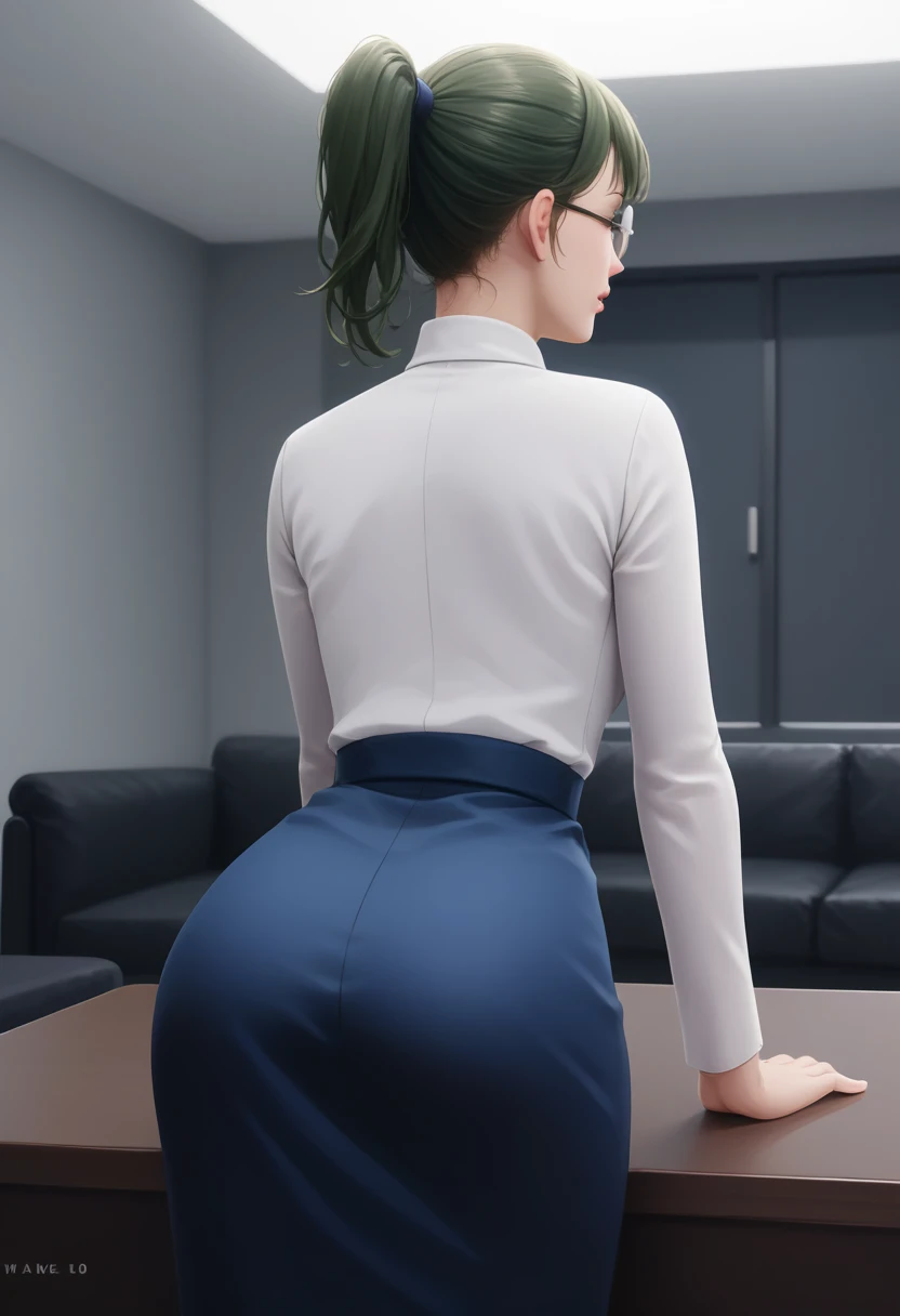 score_9_up, score_8_up, score_7_up, 1girl, solo, mature female, Maki, green ponytail hair, yellow eyes, glasses, pink lips, parted lips, fit slim body, perfect medium erected breast, (((imperial officer outfit))), dark grey living room, looking at the viewer, perfect model body, bending over the table and showing her ass, from behind