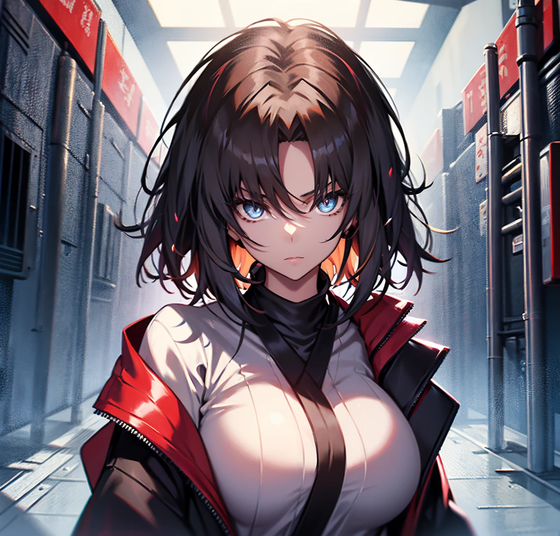 Painting of Fate, Tall Woman, 20th Generation, alone, Center Parting, Black Hair, short hair, Long-term, Narrow eyes, Beautiful Eyes, Red jacket, Black sweater, gun, Large Breasts,