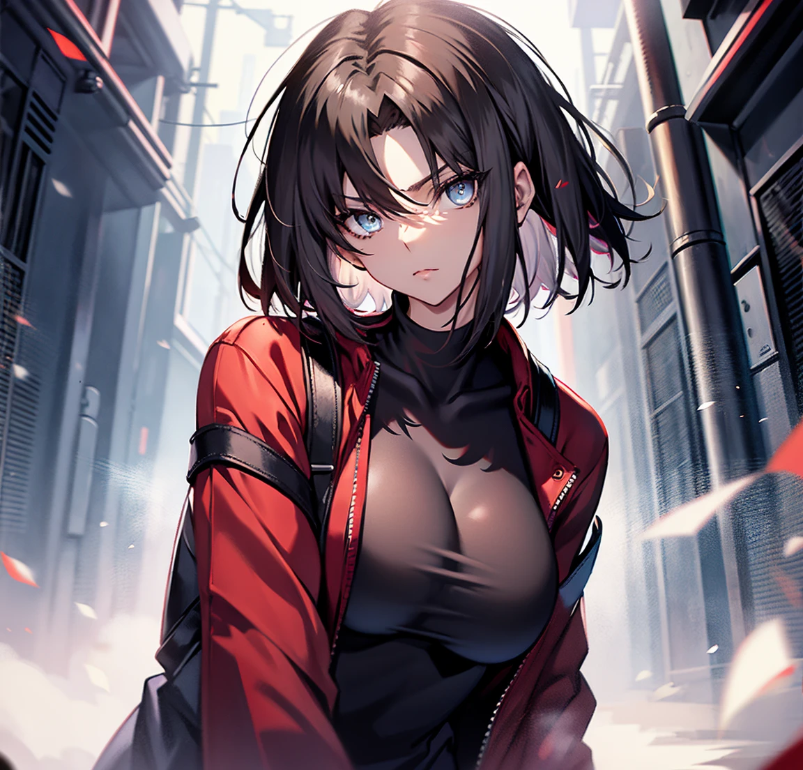 Painting of Fate, Tall Woman, 20th Generation, alone, Center Parting, Black Hair, short hair, Long-term, Narrow eyes, Beautiful Eyes, Red jacket, Black sweater, gun, Large Breasts,