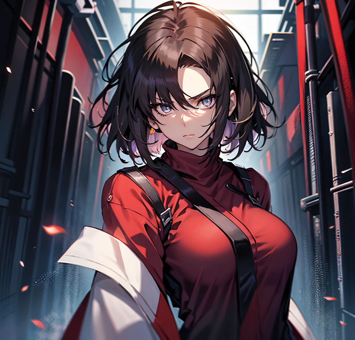 Painting of Fate, Tall Woman, 20th Generation, alone, Center Parting, Black Hair, short hair, Long-term, Narrow eyes, Beautiful Eyes, Red jacket, Black sweater, gun, Large Breasts,