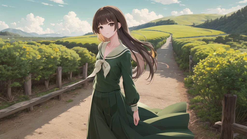 masterpiece, Highest quality, High resolution, aayoshino, , Long Hair, Twin Blade, Brown eyes, Hair that falls over the shoulders, , Sailor collar, neckerchief, Green Shirt, One piece sailor shirt, Long sleeve, Green Skirt, Long skirt, Are standing, Cowboy Shot, Outdoor, Person on the right