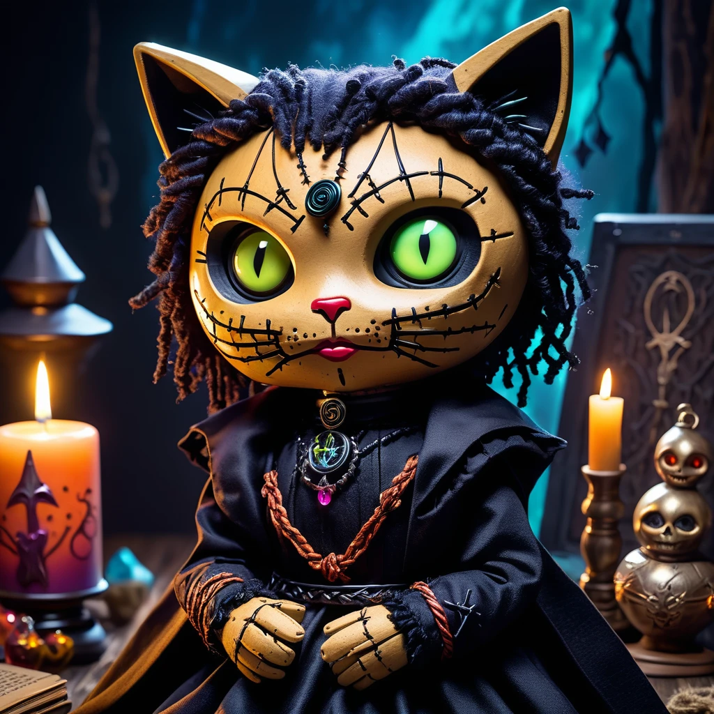 (knitted toy voodoo doll:1.8), (Voodoo Black Cat:1.2), (Keeper of Magic:1.3), (Clothing: dark cloak with mystical symbols:1.0), (Accessories: enchanted book emitting eerie glow, levitating mystical symbols:1.1), (background: witch’s lair with floating potions, glowing crystals, and spectral cats:1.2), best quality, masterpiece, detailed soft oil painting, detailed background, dramatic cinematic lighting, soft edge lighting, professional, dramatic lighting, hard edge lighting, ultra quality, 4k,masterpiece, best quality, 8k, ultra highres, highres, extremely detailed