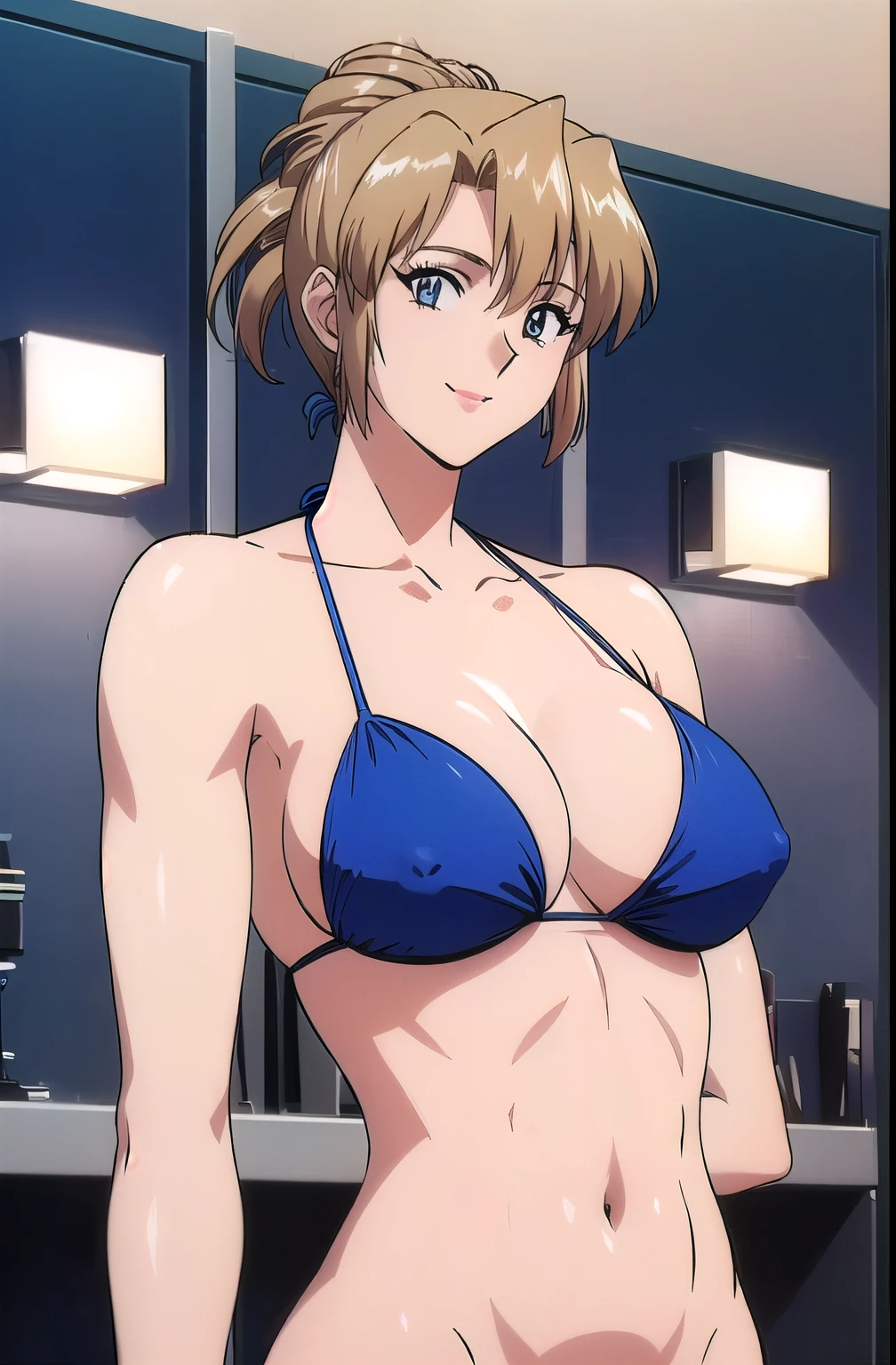 masterpiece, best quality, looking at viewer, (upper body:1.4), (toned belly:1.4), medium height, (slim arms:1.9), (toned arms:1.8), ultra detailed, (smile:1.5), folded ponytail, locker room, bright image, (blue bikini:1.5), hot colors, closed fists, lip stick, very big breasts with perky nipples, big cleavage, white skin, lights, high brightness, wide hips, groin line, white skin, (long belly:1.3)