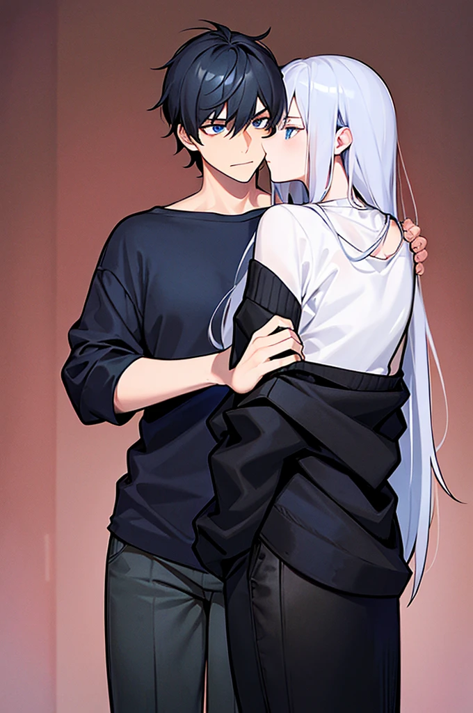 1girl, off-shoulder sweater, couple. A man with short, black hair, tall, arrogant. blue eyes, black t-shirt and black pants. A girl, red t-shirt, long hair, white hair, blue eyes. they are kissing.