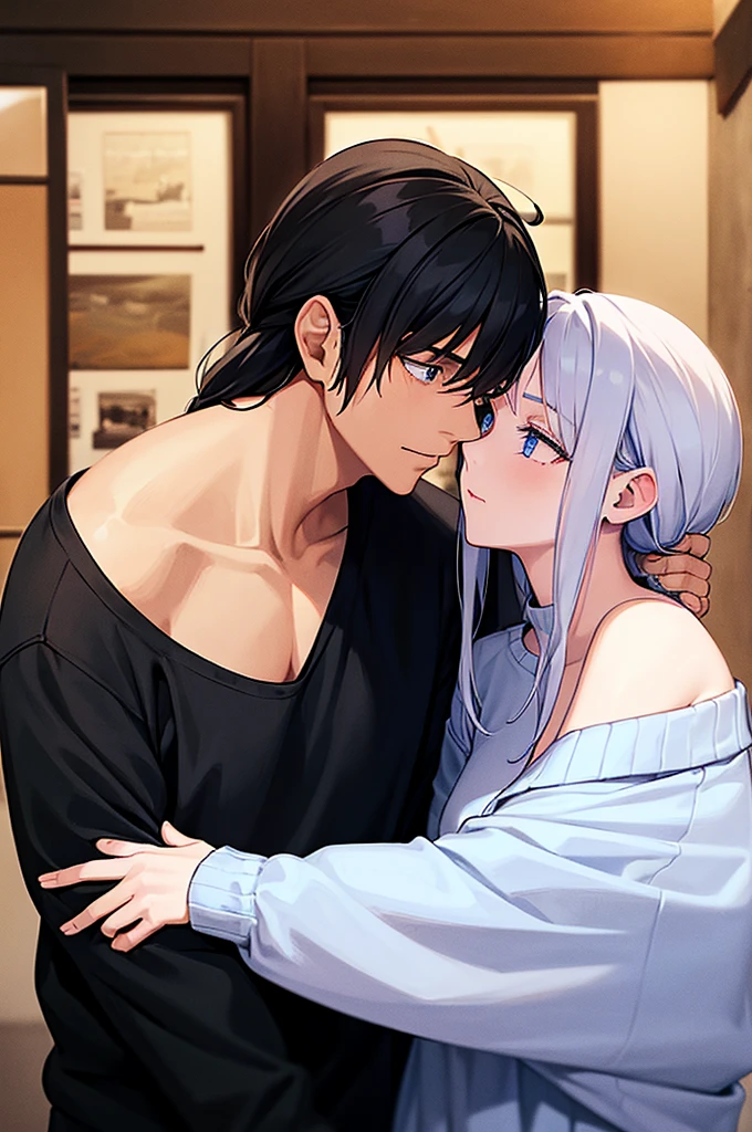 1girl, off-shoulder sweater, couple. A man with short, black hair, tall, arrogant. blue eyes, black t-shirt and black pants. A girl, red t-shirt, long hair, white hair, blue eyes. they are kissing.