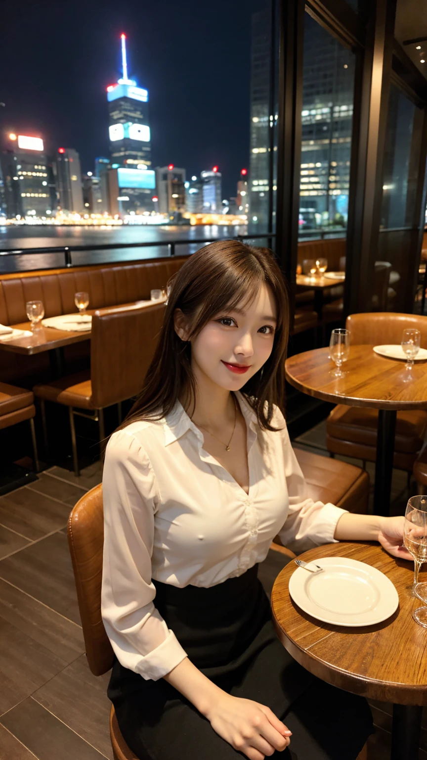 highest quality, masterpiece, 8K, ultra high resolution, (realistic: 1.4), beautiful face, symmetrical eyes, Japanese, brown hair, smile, wearing makeup, high-definition images, atmospheric perspective, super detail, accurate, best quality, (angle from under the table), a Japanese lady, drooping eyes, sleepy face, blush, in the city, busy, skyscrapers, skirt, high heels, necklace, white blouse , restaurant with large windows, takes a seat, (other customers), night scene, windows have harbor view, foods,