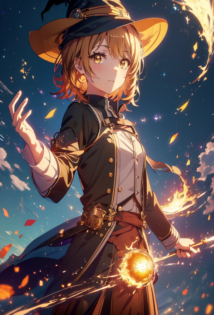 Irohaisshiki, isshiki iroha, short hair, Brown Hair, (Brown eyes:1.5), smile,((Night Sky)),火のwitch,Fluffy hair,((Idol style costume with soft volume)),Long skirt,((gorgeous wizard hat)),((witch)),Explosive Flame,
break outdoors, forest,forest
break looking at viewer,Upper Body,
break (masterpiece:1.2), Highest quality, High resolution, unity 8k wallpaper, (shape:0.8), (Narrow and beautiful eyes:1.6), Highly detailed face, Perfect lighting, Highly detailed CG, (Perfect hands, Perfect Anatomy),