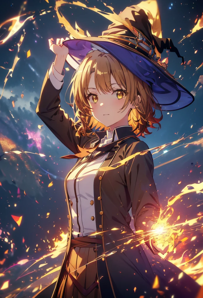 Irohaisshiki, isshiki iroha, short hair, Brown Hair, (Brown eyes:1.5), smile,((Night Sky)),火のwitch,Fluffy hair,((Idol style costume with soft volume)),Long skirt,((gorgeous wizard hat)),((witch)),Explosive Flame,
break outdoors, forest,forest
break looking at viewer,Upper Body,
break (masterpiece:1.2), Highest quality, High resolution, unity 8k wallpaper, (shape:0.8), (Narrow and beautiful eyes:1.6), Highly detailed face, Perfect lighting, Highly detailed CG, (Perfect hands, Perfect Anatomy),